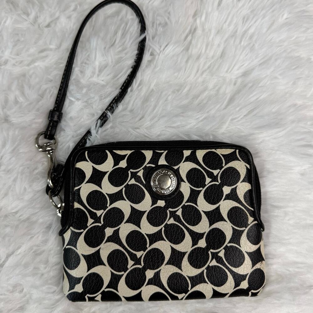 COACH Black White Signature Coated Canvas Wristlet